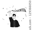 A young male character illustration celebrating Youth Day, holding a festive banner with pride. 129366050