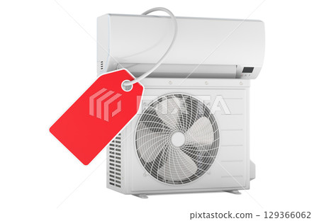 Air conditioner with price tag. 3D rendering Air conditioner with price tag. 3D rendering 129366062