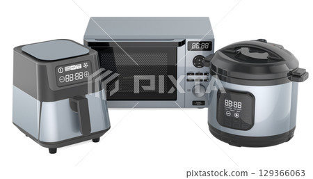Air fryer, microwave oven and multi cooker set. 3D rendering Air fryer, microwave oven and multi cooker set. 3D rendering 129366063