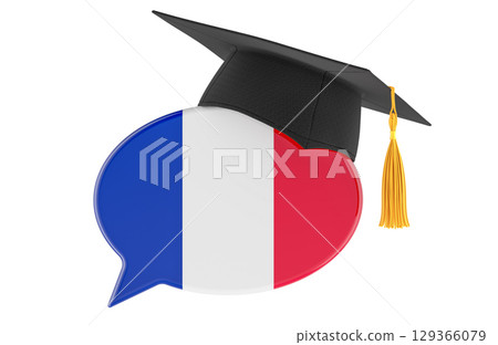 Speech bubble with French flag and graduation cap, symbolizing studying or learning French language, concept. 3D rendering 129366079