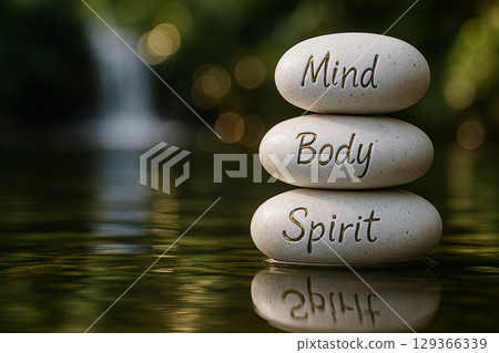 Mind, Body and Spirit on Zen Spa Stones Arranged for Healing Energy and Inner Focus. Spa therapy and healing 129366339