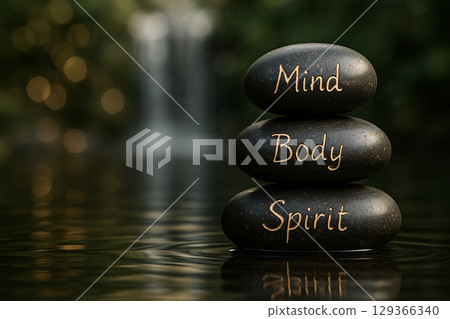 Mind, Body, Spirit Harmony with Tranquil Zen Stone Stacking. Spiritual balance and harmony. 129366340