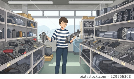 Reliable professionals! Male staff working at a parts shop 129366368
