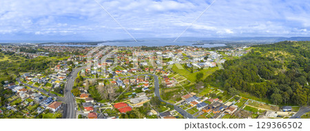Panoramic aerial view of Lake Heights and Lake Illawarra Panoramic aerial view of Lake Heights and Lake Illawarra 129366502