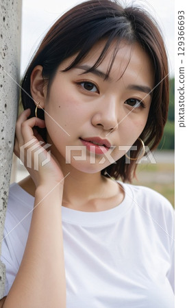 woman leaning against the wall 129366693