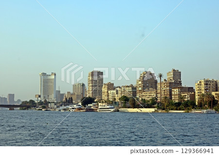 View of modern Cairo from a Nile cruise ship 129366941