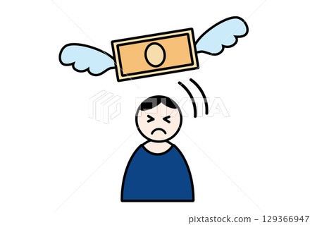 Illustration of a man with a troubled expression as a winged bill flies away Illustration of a man with a troubled expression as a winged bill flies away 129366947