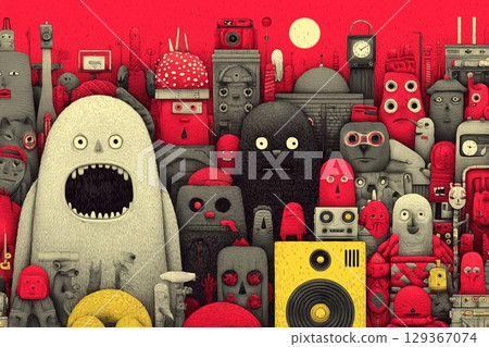 紅色背景上的黑色字元 | 幽默而超現實的人群場景 | 帶有大膽圖案和黃色點綴的插圖 紅色背景上的黑色字元 | 幽默而超現實的人群場景 | 帶有大膽圖案和黃色點綴的插圖 129367074