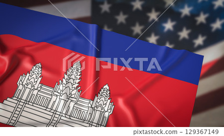 The Cambodia and America flag for Background concept 3d Rendering. 129367149