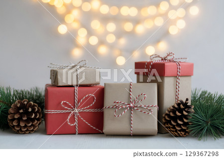 Christmas presents and sparkling background Generative AI 129367298