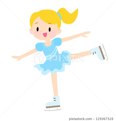 一個身穿淺藍色服裝的女孩在表演花式滑冰 一個身穿淺藍色服裝的女孩在表演花式滑冰 129367328