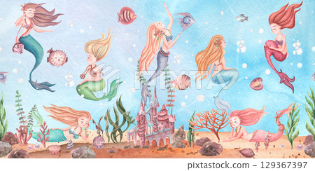 Interior sticker watercolor seamless handmade seabed with mermaids and sea creatures. Sea collection hand drawn.  129367397