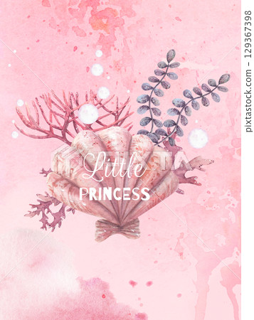 Watercolor kids hand draw set of sea life for little princess on pink background. Children's illustration with shells, pearl . Hand draw reef for child. 129367398