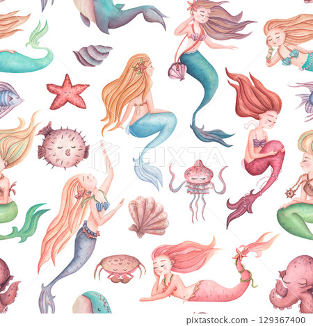 Delicate watercolor pattern in pink, peach with mermaids, shells, fish and seaweed. Seamless watercolor pattern for kids on the theme of sea life. 129367400