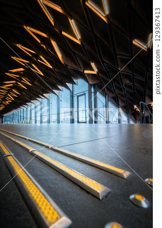 The wooden ceiling and passageway at Hoshoji Station 129367413