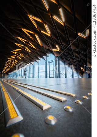 The wooden ceiling and passageway at Hoshoji Station 129367414