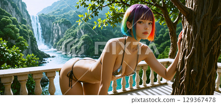 A beautiful woman with rainbow hair in a bikini who lives in another world 129367478