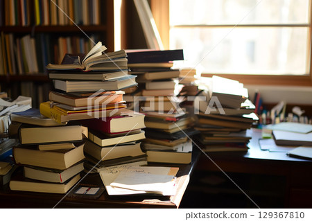 Stock photo showing the texture of a pile of unread books and paper 129367810