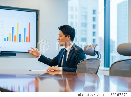商人在會議室用顯示器解釋一個項目 129367871