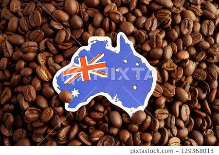 Australia flag on coffee beans, shopping online for export or import food product. Australia flag on coffee beans, shopping online for export or import food product. 129368013