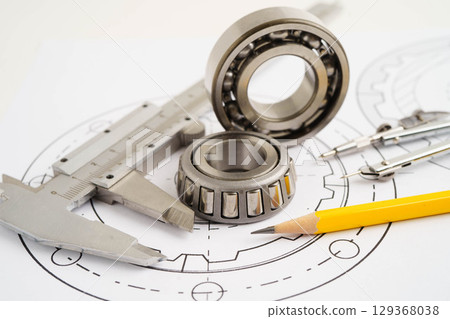 Engineering and precision tools with metal ball bering, mechanical industrial. 129368038