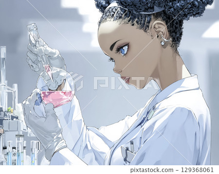 Anime-style illustration of a young female scientist researching artificial blood (medical research, cutting-edge lab) 129368061