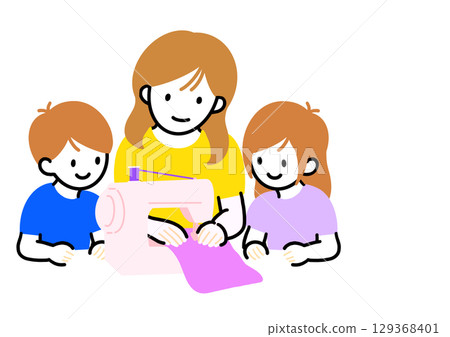 Illustration of a parent and child using a sewing machine Illustration of a parent and child using a sewing machine 129368401