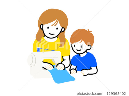 Parent and child use sewing machines 129368402
