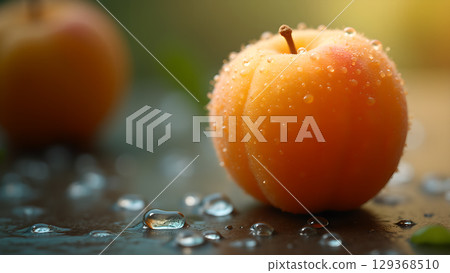 Fresh apricot with water droplets and dew glistening under morning sunlight creating vibrant fruity scene Fresh apricot with water droplets and dew glistening under morning sunlight creating vibrant fruity scene 129368510
