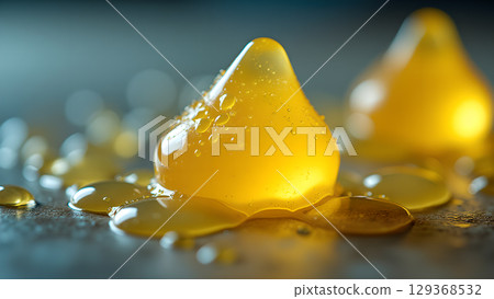 Golden honey droplets with light reflecting showcasing natural sweetness and texture ideal for culinary illustration 129368532