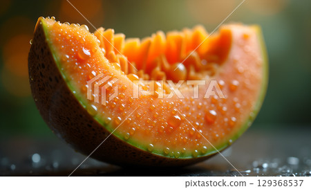 A Refreshing Slice of Cantaloupe with Water Droplets Close Up with a Blurry Background View A Refreshing Slice of Cantaloupe with Water Droplets Close Up with a Blurry Background View 129368537