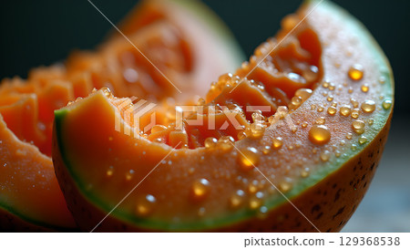 A vibrant close up showcasing the refreshing slices of cantaloupe melon with glistening droplets of water A vibrant close up showcasing the refreshing slices of cantaloupe melon with glistening droplets of water 129368538