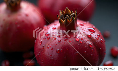 Close up shot of fresh pomegranates with water droplets on dark background to emphasize freshness 129368608