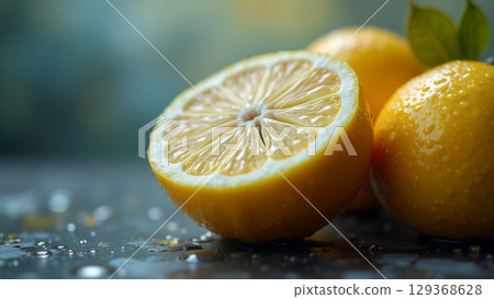 Fresh lemons with water droplets showcase the vibrant zest and juicy goodness of citrus fruits Fresh lemons with water droplets showcase the vibrant zest and juicy goodness of citrus fruits 129368628