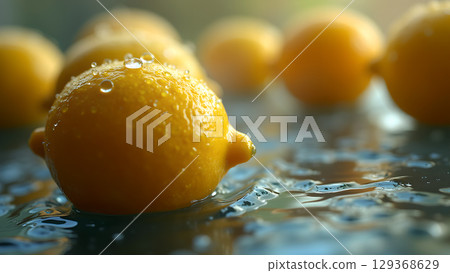 Fresh lemons with water droplets reflecting the sunlight showing the bright vibrant color creating thirst Fresh lemons with water droplets reflecting the sunlight showing the bright vibrant color creating thirst 129368629