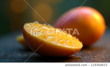 Fresh mango half with water droplets showcases vibrant color and refreshing natural beauty creating a sweet and juicy feel 129368633