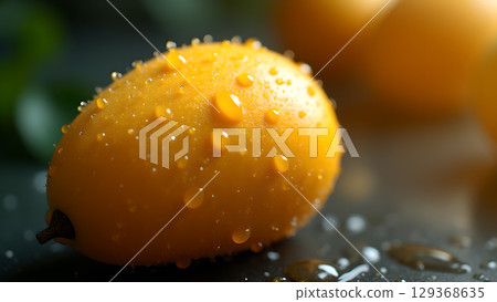 Freshness of Loquat Fruit Shown with Sparkling Water Droplets Displaying its Beautiful Color and Texture 129368635