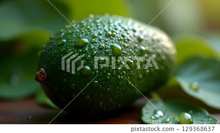 Fresh vibrant green avocado with glistening water droplets a natural beauty and healthy lifestyle concept 129368637