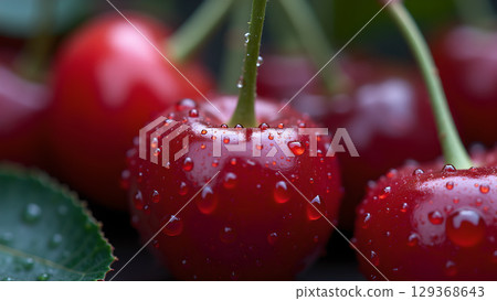 Fresh red cherries adorned with water droplets showcasing natural beauty and delicious healthy indulgence with freshness Fresh red cherries adorned with water droplets showcasing natural beauty and delicious healthy indulgence with freshness 129368643