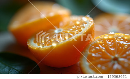 Freshly cut oranges adorned with glistening droplets of water showcasing vibrant colors and textures Freshly cut oranges adorned with glistening droplets of water showcasing vibrant colors and textures 129368651