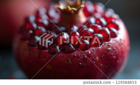 Delicious ruby red pomegranate fruit with juicy seeds offering healthy nutrition benefits and antioxidants 129368653
