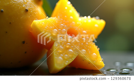Exotic yellow star fruit with water droplets, showcasing tropical freshness and vibrant colors, against a blurred background 129368678