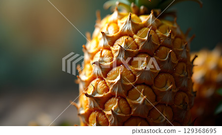 Close-up detail of a fresh pineapple showcasing its textured surface and vibrant colors in nature Close-up detail of a fresh pineapple showcasing its textured surface and vibrant colors in nature 129368695