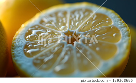 Macro shot of a juicy lemon slice with water droplets highlighting its fresh and vibrant texture Macro shot of a juicy lemon slice with water droplets highlighting its fresh and vibrant texture 129368696