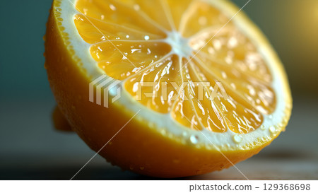 Close-up capture of a half-cut lemon adorned with water droplets exhibiting vibrant yellow color and freshness Close-up capture of a half-cut lemon adorned with water droplets exhibiting vibrant yellow color and freshness 129368698