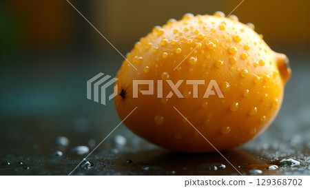 Close up studio shot of fresh yellow lemon covered in droplets of water resting on table 129368702