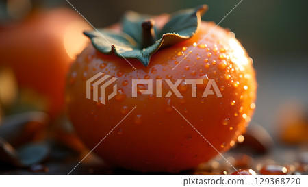Freshly harvested persimmon adorned with glistening droplets capturing the essence of autumnal bounty and deliciousness Freshly harvested persimmon adorned with glistening droplets capturing the essence of autumnal bounty and deliciousness 129368720