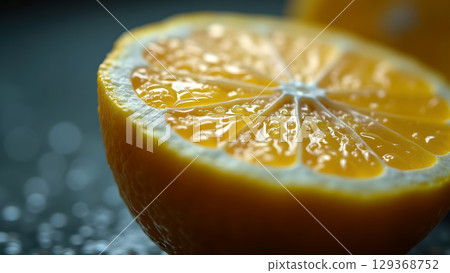 Vibrant half of lemon with glistening droplets showcasing freshness and natural citrus beauty against blurred background Vibrant half of lemon with glistening droplets showcasing freshness and natural citrus beauty against blurred background 129368752
