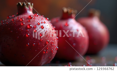 Close-up view of pomegranate fruits adorned with water droplets showcases freshness and vibrant color 129368762