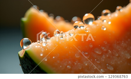 Close up of cantaloupe slice featuring fresh water droplets enhancing the fruit's appeal and vitality Close up of cantaloupe slice featuring fresh water droplets enhancing the fruit's appeal and vitality 129368763